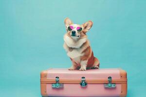 ai généré corgi chien portant holographique des lunettes de soleil séance sur Haut de pastel rose moderne valise, Voyage concept photo