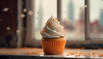 ai généré fait maison petit gâteau avec gourmet glaçage sur en bois table généré par ai photo