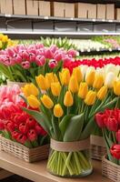 ai généré coloré bouquets de tulipes dans une fleur magasin - Frais Couper fleurs dans des boites et des vases dans une entrepôt et racks pour vente, livraison pour le vacances. printemps, Mars 8, aux femmes jour, anniversaire. photo