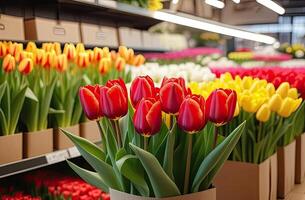 ai généré coloré bouquets de tulipes dans une fleur magasin - Frais Couper fleurs dans des boites et des vases dans une entrepôt et racks pour vente, livraison pour le vacances. printemps, Mars 8, aux femmes jour, anniversaire. photo