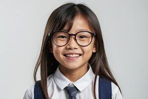 ai généré content peau foncée écolière adolescent portant lunettes sur une gris solide Contexte avec copie espace. ai généré photo