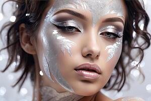 ai généré fermer magnifique femme avec Créatif maquillage avec briller, de fête maquillage pour une faire la fête, Nouveau année, disco, vacances photo