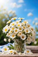 ai généré une bouquet de blanc marguerites sur le table proche en haut. une de fête anniversaire carte, Mars 8ème, une printemps cadeau, été temps. ai généré photo