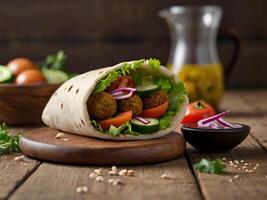 ai généré falafel et Frais des légumes dans Pita pain sur en bois table photo