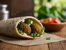 ai généré falafel et Frais des légumes dans Pita pain sur en bois table photo