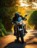 ai généré motocycliste équitation une moto sur une pays route à le coucher du soleil. ai génératif photo