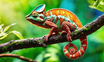 ai généré coloré caméléon sur le arbre dans le forêt. proche en haut. ai génératif photo