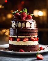 ai généré Chocolat gâteau avec fouetté crème et Frais des fruits sur une foncé Contexte. ai génératif photo