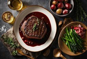 ai généré du boeuf steaks avec asperges et balsamique vinaigre. ai génératif photo