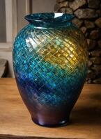 ai généré coloré décoratif verre vase avec vert et bleu modèle sur le tableau. proche en haut. ai génératif photo