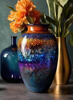 ai généré coloré décoratif verre vase avec vert et bleu modèle sur le tableau. proche en haut. ai génératif photo