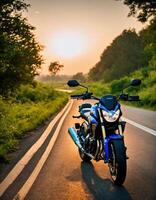 ai généré motocycliste équitation une moto sur une pays route à le coucher du soleil. ai génératif photo