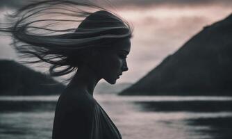 ai généré floue mouvement silhouette de une fille avec longue cheveux. ai génératif photo