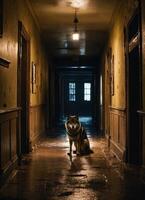 ai généré portrait de une Loup dans une foncé couloir à nuit. ai génératif photo