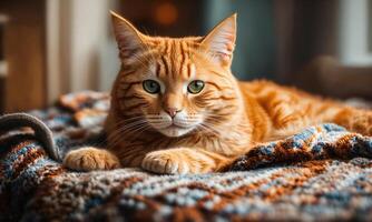 ai généré mignonne gingembre chat mensonge sur le lit avec une chaud couverture. ai génératif photo