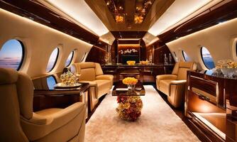 ai généré intérieur de une luxe affaires jet avion. luxe Voyage. ai génératif photo