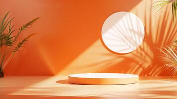 ai généré une maquette de rond podium avec Orange Contexte avec paume feuilles. généré par artificiel intelligence. photo