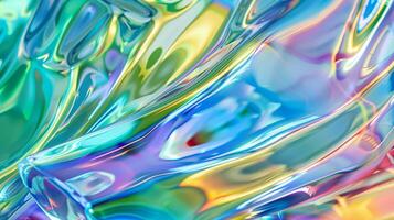 ai généré une fermer de iridescent verre, avec lumière reflétant et réfringent dans divers couleurs, création un abstrait modèle. le Contexte est une doux pente de bleu à vert. photo