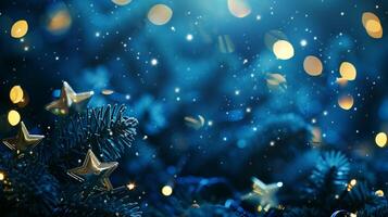 ai généré une foncé bleu Contexte avec étoiles et bokeh lumières, création un enchanteur atmosphère pour le Noël saison. généré par artificiel intelligence. photo