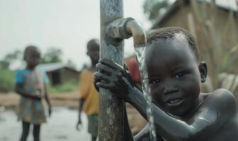 ai généré joyeux enfant dessin Frais l'eau de une robinet dans une rural village réglage photo