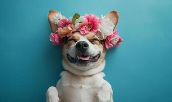 ai généré corgi chien orné avec épanouissement fleurs photo