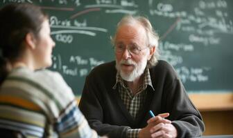 ai généré engagé Sénior professeur dans discussion avec une Masculin étudiant dans salle de cours réglage photo