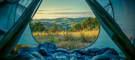 ai généré Matin vue de à l'intérieur une tente dans une paisible Prairie photo