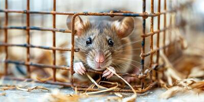 ai généré curieuse rat furtivement en dehors de un vieux cage photo