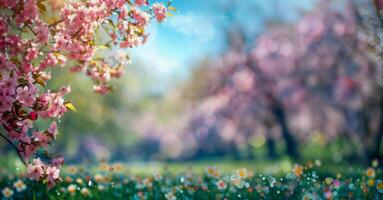 ai généré épanouissement rose Cerise des arbres dans vibrant printemps Prairie photo