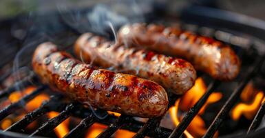 ai généré grésillant saucisses cuisine sur une flamboyant gril photo