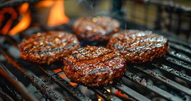 ai généré juteux grillé des hamburgers plus de flamboyant charbon gril photo