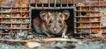 ai généré curieuse rat furtivement en dehors de un vieux cage photo