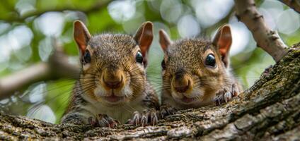 ai généré fermer de est tamias sur une arbre branche dans vert feuillage photo