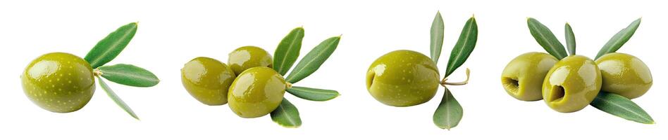 ai généré ensemble de olive avec une vert feuille sur une transparent Contexte photo