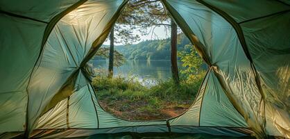 ai généré Matin vue de à l'intérieur une tente dans une paisible Prairie photo