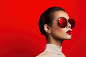 ai généré une femme portant des lunettes de soleil contre une rouge Contexte photo