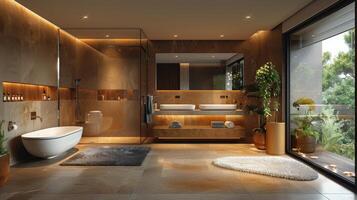 ai généré moderne salle de bains avec grand noir baignoire photo