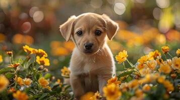 ai généré chiot séance sur étape entouré par mis en pot les plantes photo