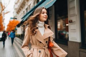 ai généré élégant et à la mode une Jeune femme dans une tranchée manteau photo