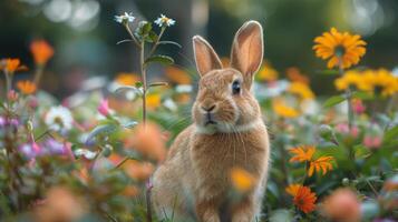 ai généré lapin séance dans une champ de fleurs photo