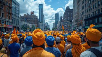 ai généré grand groupe de gens portant Orange turbans photo