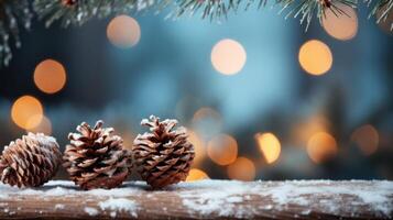 ai généré glacé pin cônes sur une sapin branche avec Noël lumières photo