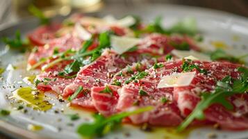 ai généré assiette de Viande et légumes verts sur en bois table photo