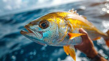 ai généré homme en portant grand poisson photo