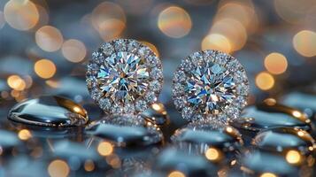 ai généré diamant Goujon des boucles d'oreilles sur table photo