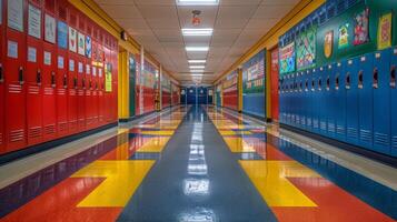 ai généré vivement coloré couloir avec Casiers photo