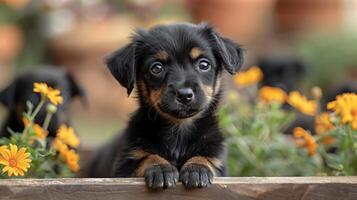 ai généré petit marron et noir chien pose dans champ de fleurs photo