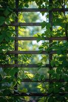 ai généré fenêtre couvert dans vert feuilles photo