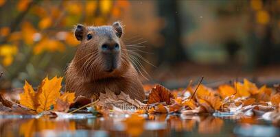 ai généré castor permanent dans flaque entouré par feuilles photo