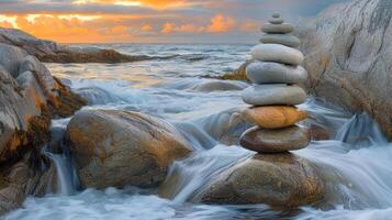 ai généré serein Zen des pierres dans paisible des eaux réfléchir le le coucher du soleil s chatoyant lumière dans une harmonieux Danse photo